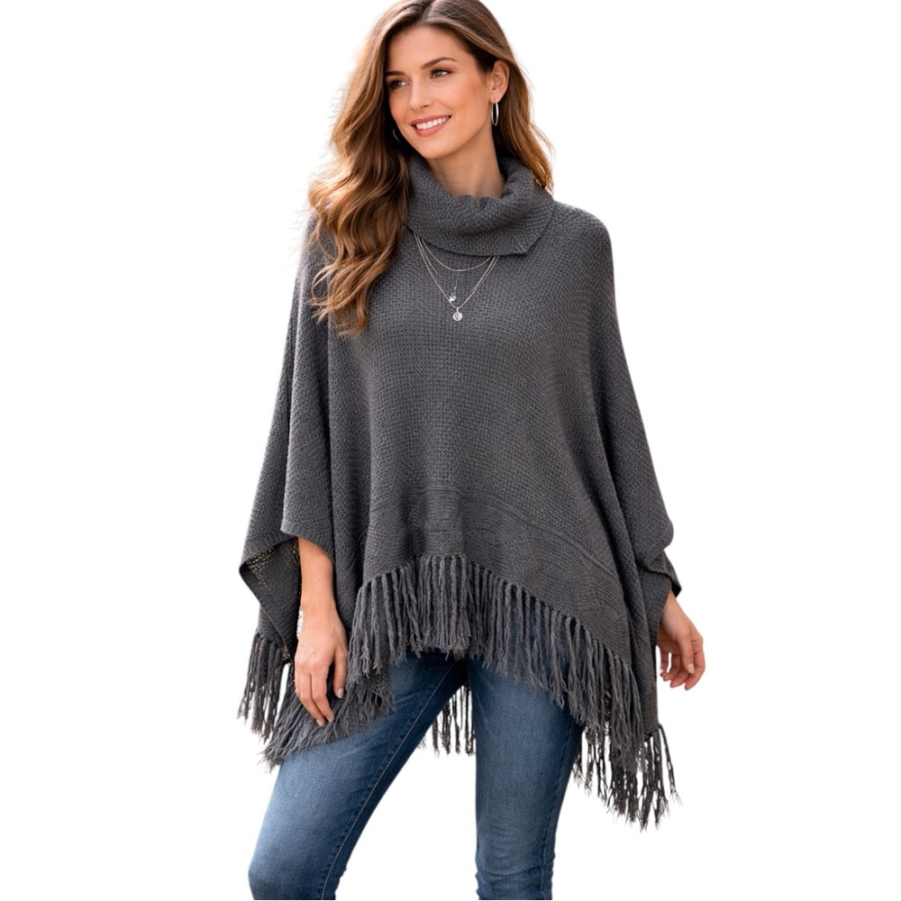 Coldwater Cable Knit Wool Sweater Poncho Fringe Coastal Grandma Gray Cowl Cozy